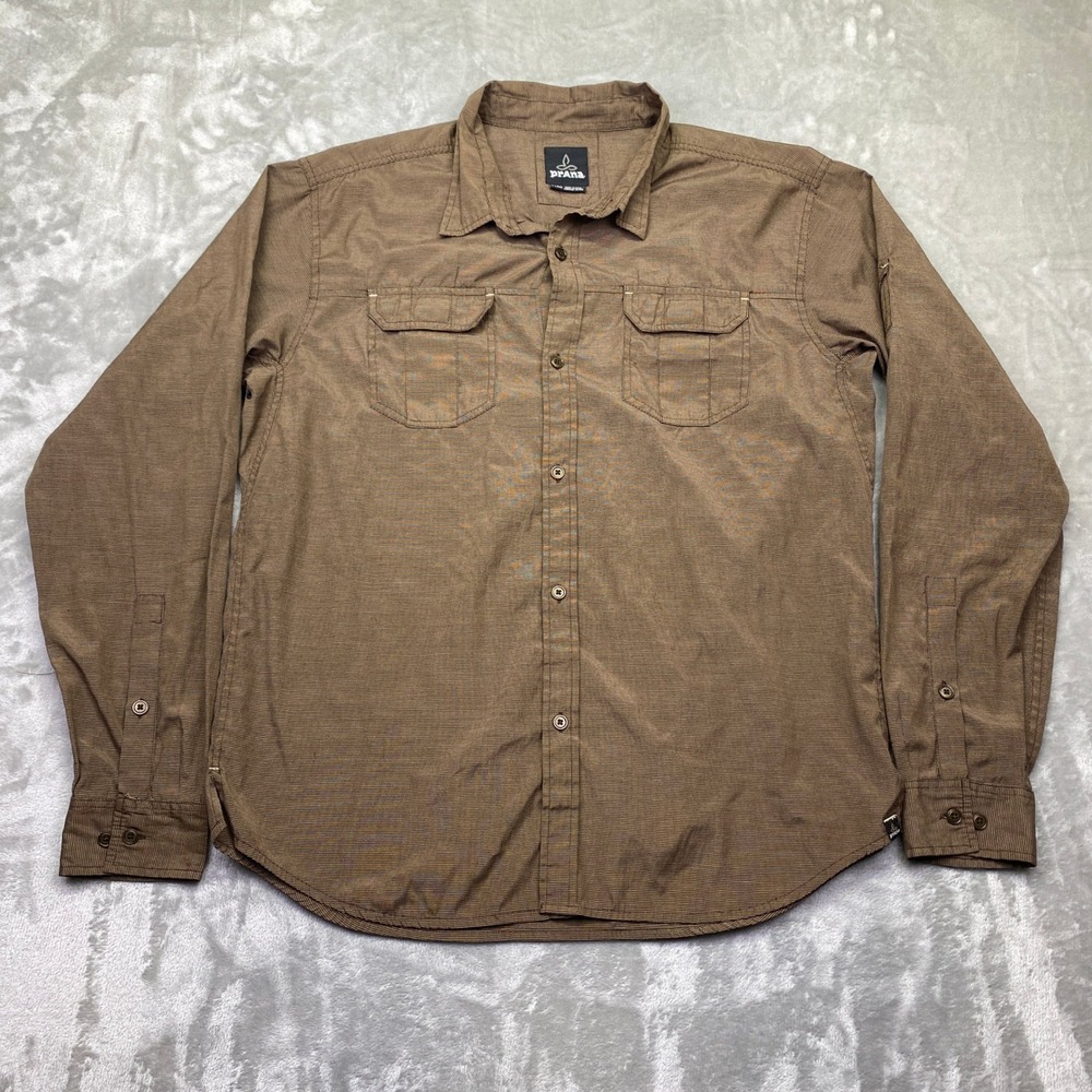 Prana Mens X-Large Brown Long‎ Sleeve Button Up Shirt Pockets Breathe Grunge